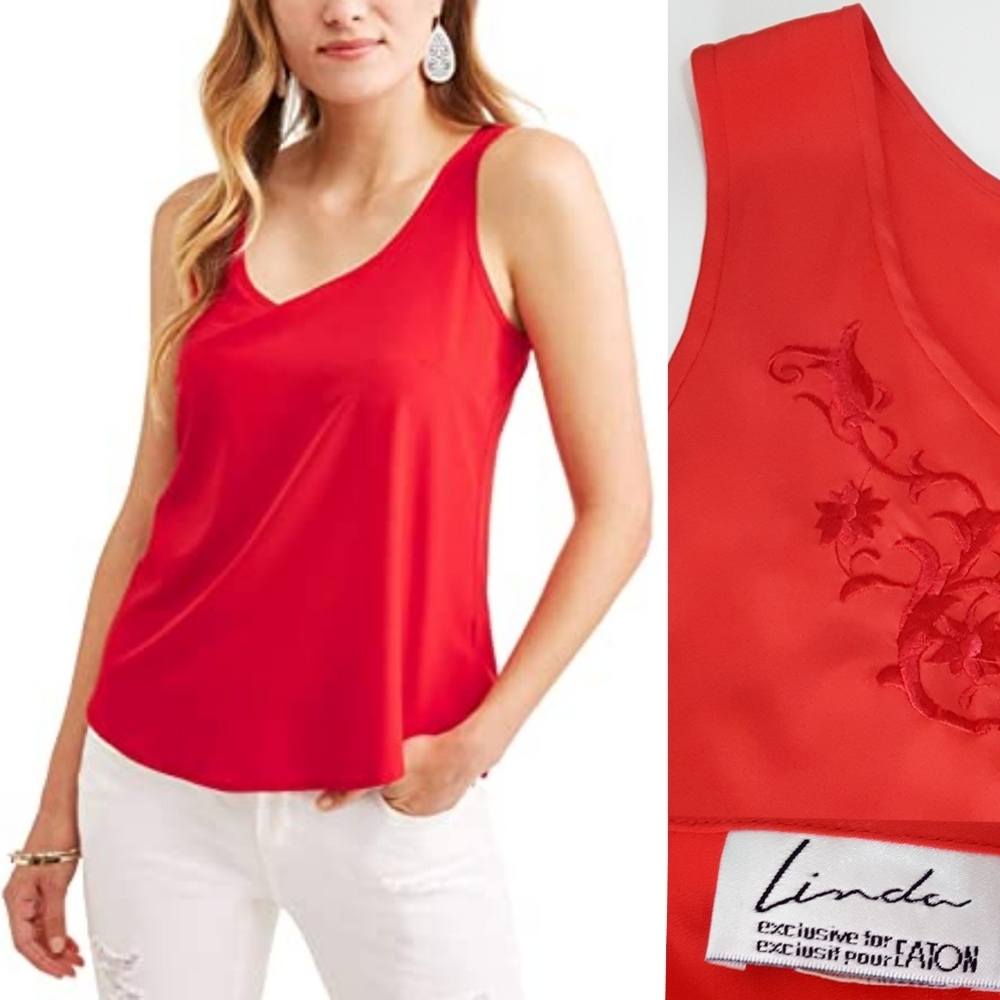 🔖90's Camisole Top❤Linda Eaton❤Red Embroidered |Round Neck